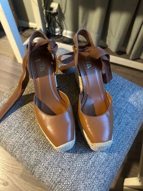 Zara Tan Leather-Look Espadrille Wedge Sandals with Ankle Tie